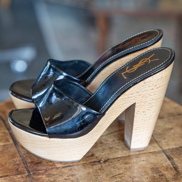 Yves Saint Laurent YSL Wood Platform Black Patent Leather Mules * 39 - Picture 7 of 11